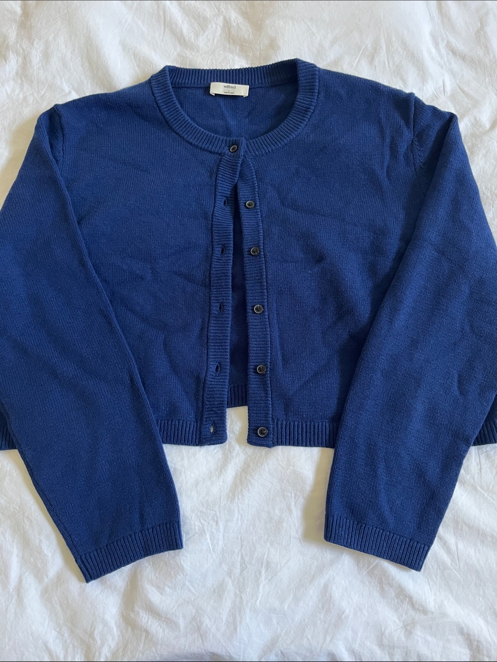 Wilfred Aritzia wool cotton blue cropped button down cardigan closet staple